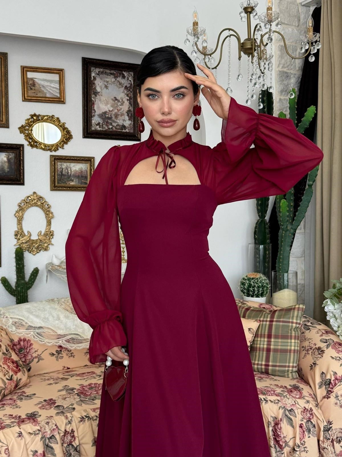 LALİNA BAĞLAMA DETAYLI MAXİ ELBİSE Bordo