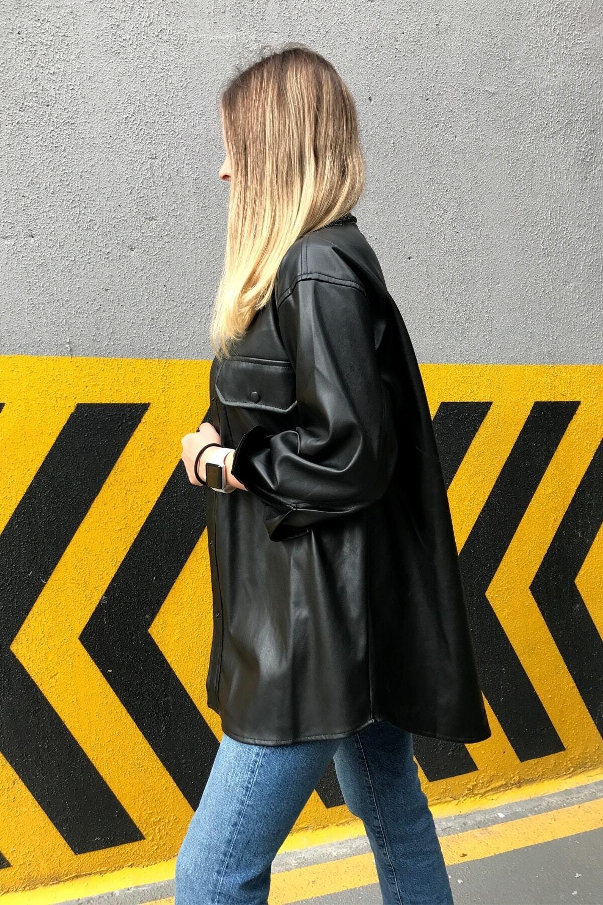 Oversize Deri Gömlek Siyah