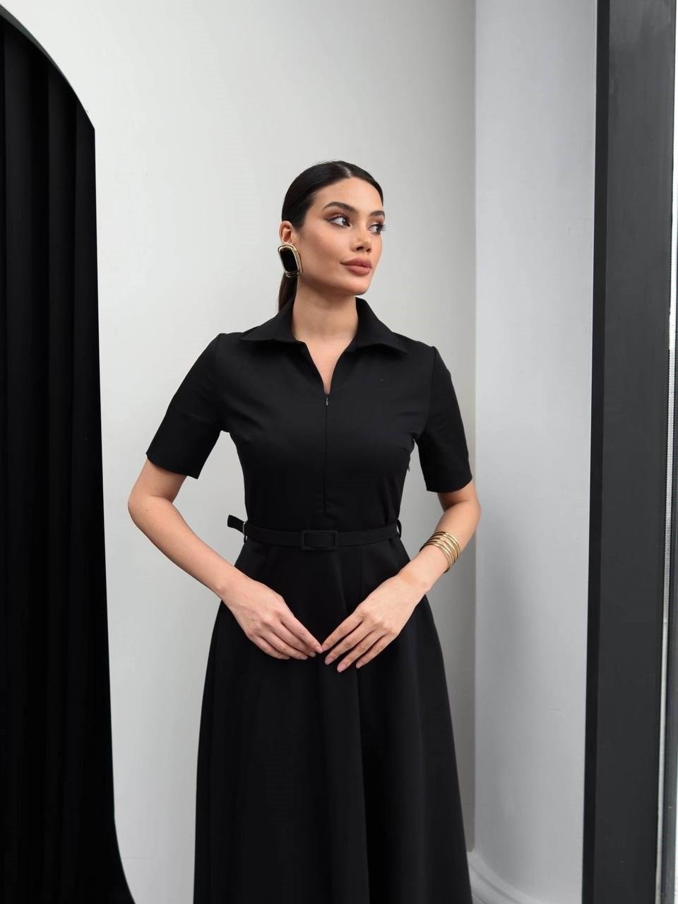 PRİNCESS GÖMLEK YAKA KEMER DETAYLI ELBİSE Siyah