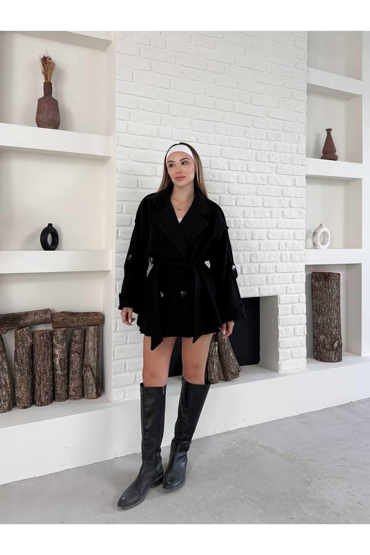 Yeni Sezon Trend Kaşe Mont Kaban kemerli Siyah