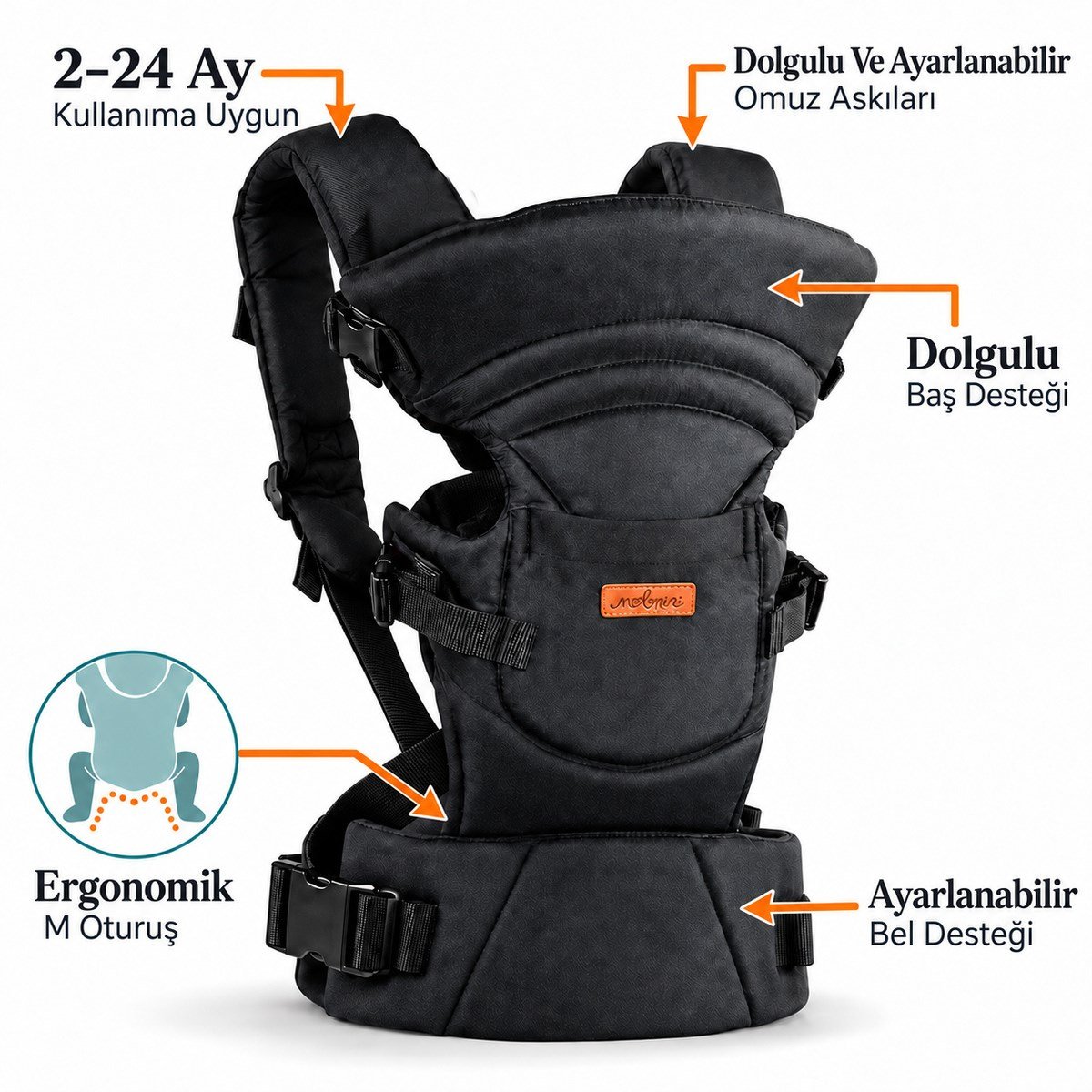 Molmini Plus Bel Destekli Ergonomik Bebek Kangurusu – 2–24 Ay Siyah