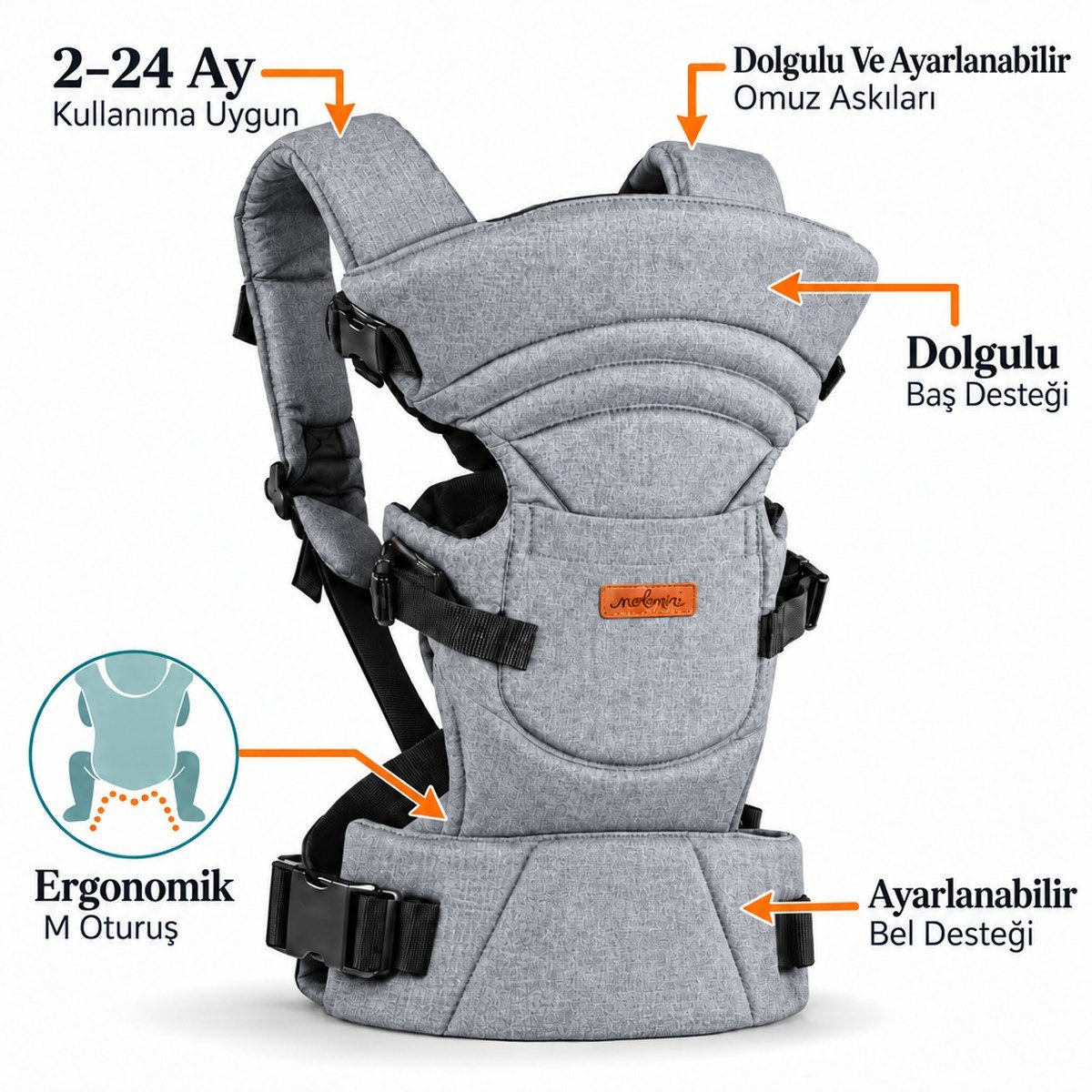 Molmini Plus Bel Destekli Ergonomik Bebek Kangurusu – 2–24 Ay Gri