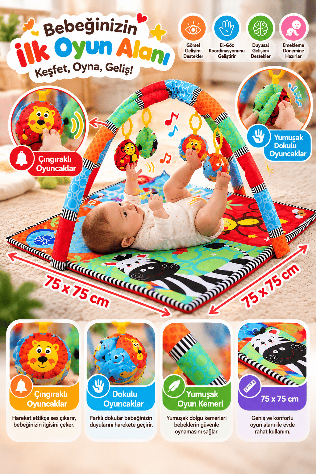 Oyuncaklı Oyun Minderi Bebek Oyun Halısı Oyuncak 75x75