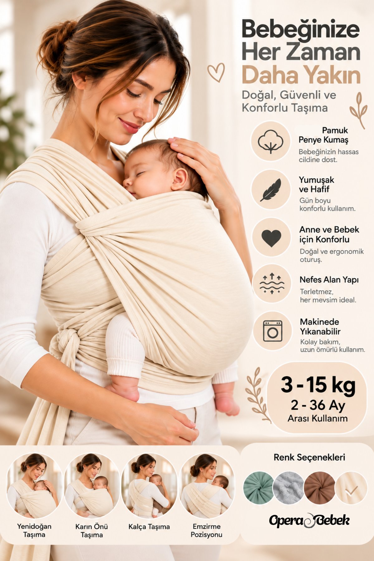 SOFT PENYE SLİNG BEBEK TAŞIMA ŞALI KANGURU (organik krem )