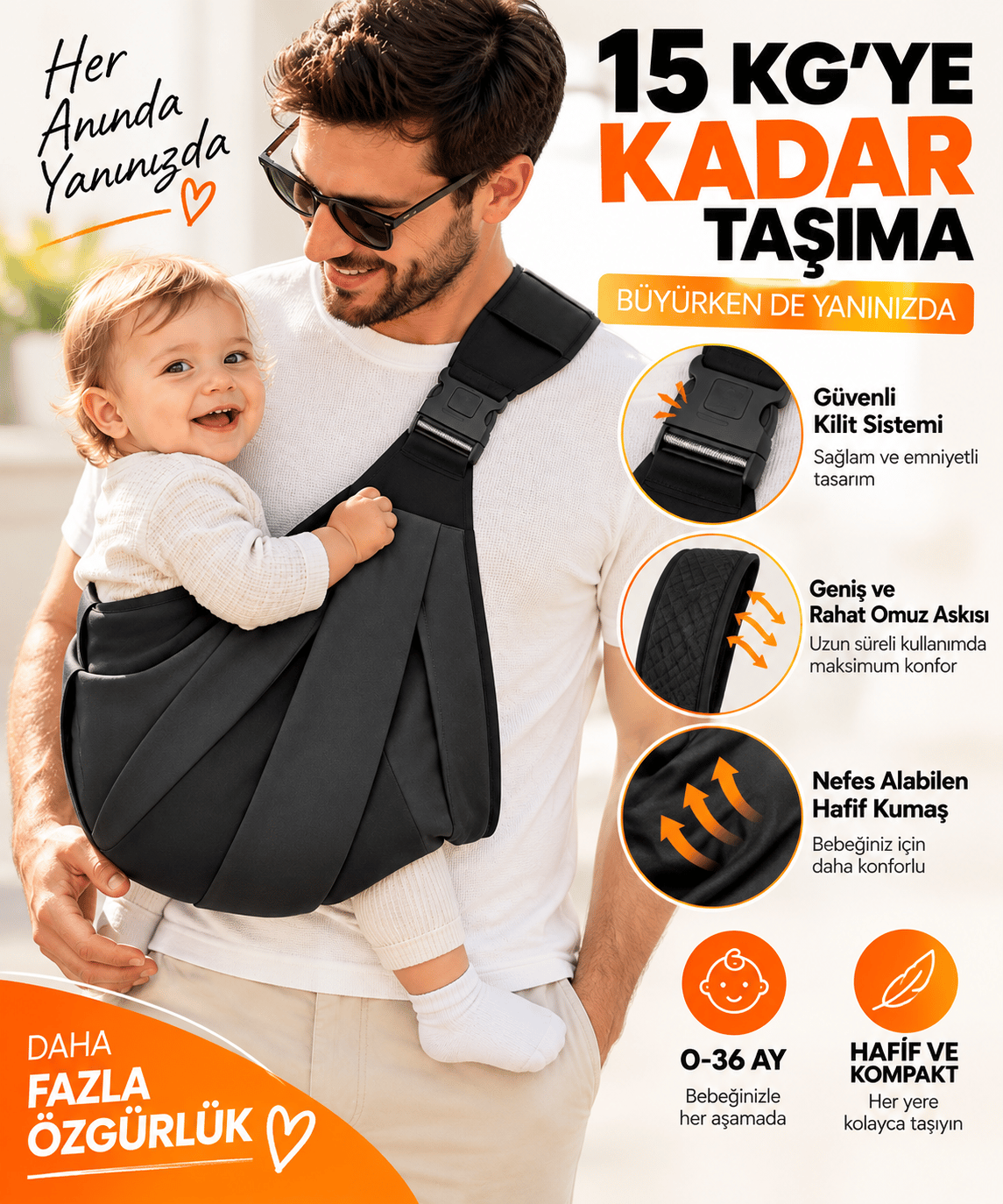 Yeni Nesil Bebek Sling Kanguru Taşıyıcı – Ergonomik, Ayarlanabilir, 15 Kg'a Kadar Taşıma