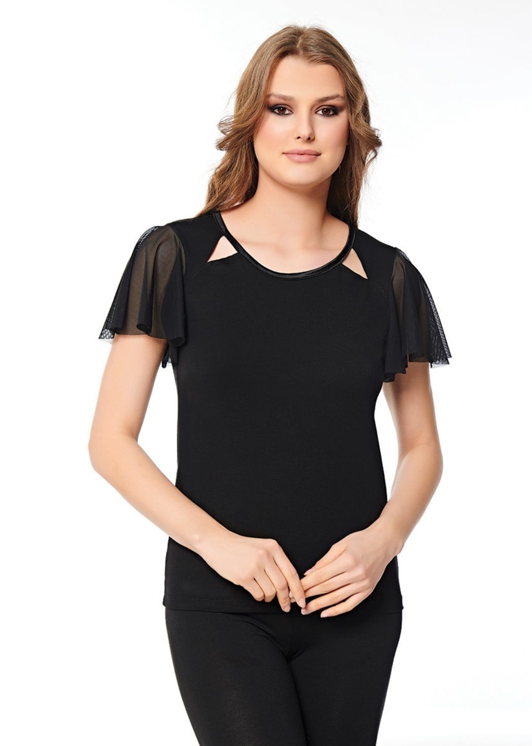 Kolları Tül, Bisiklet Yaka Kadın T-shirt