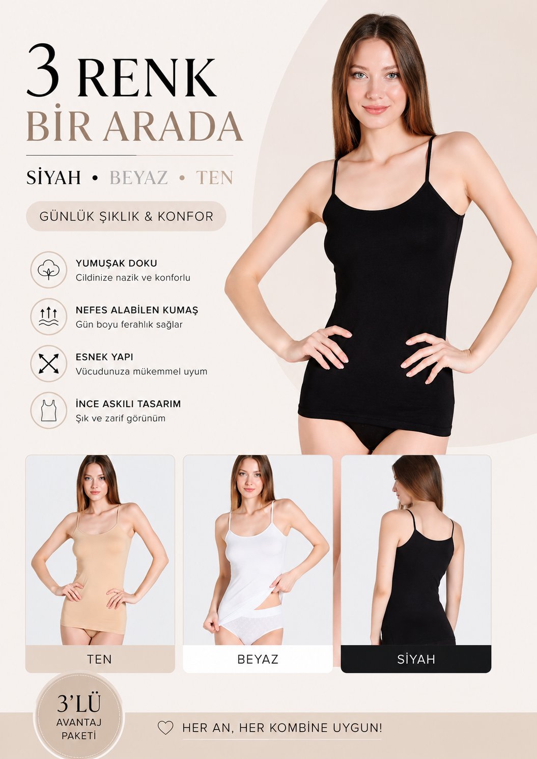 3'lü Paket Karışık Renkli İp Askılı Kadın Atlet