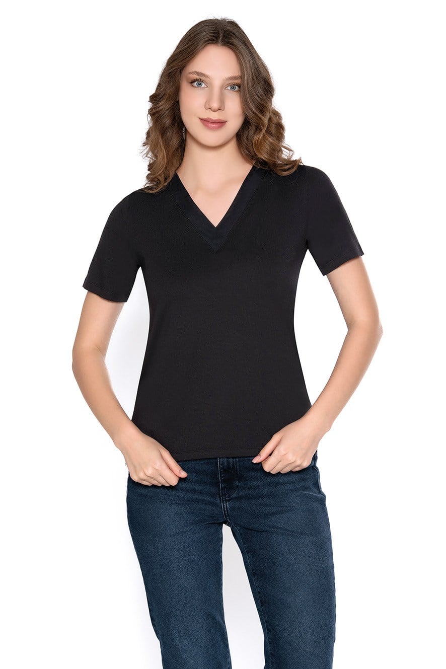 V Yaka Yakası Tül Ynadan Yırtmaçlı Kadın Tshirt