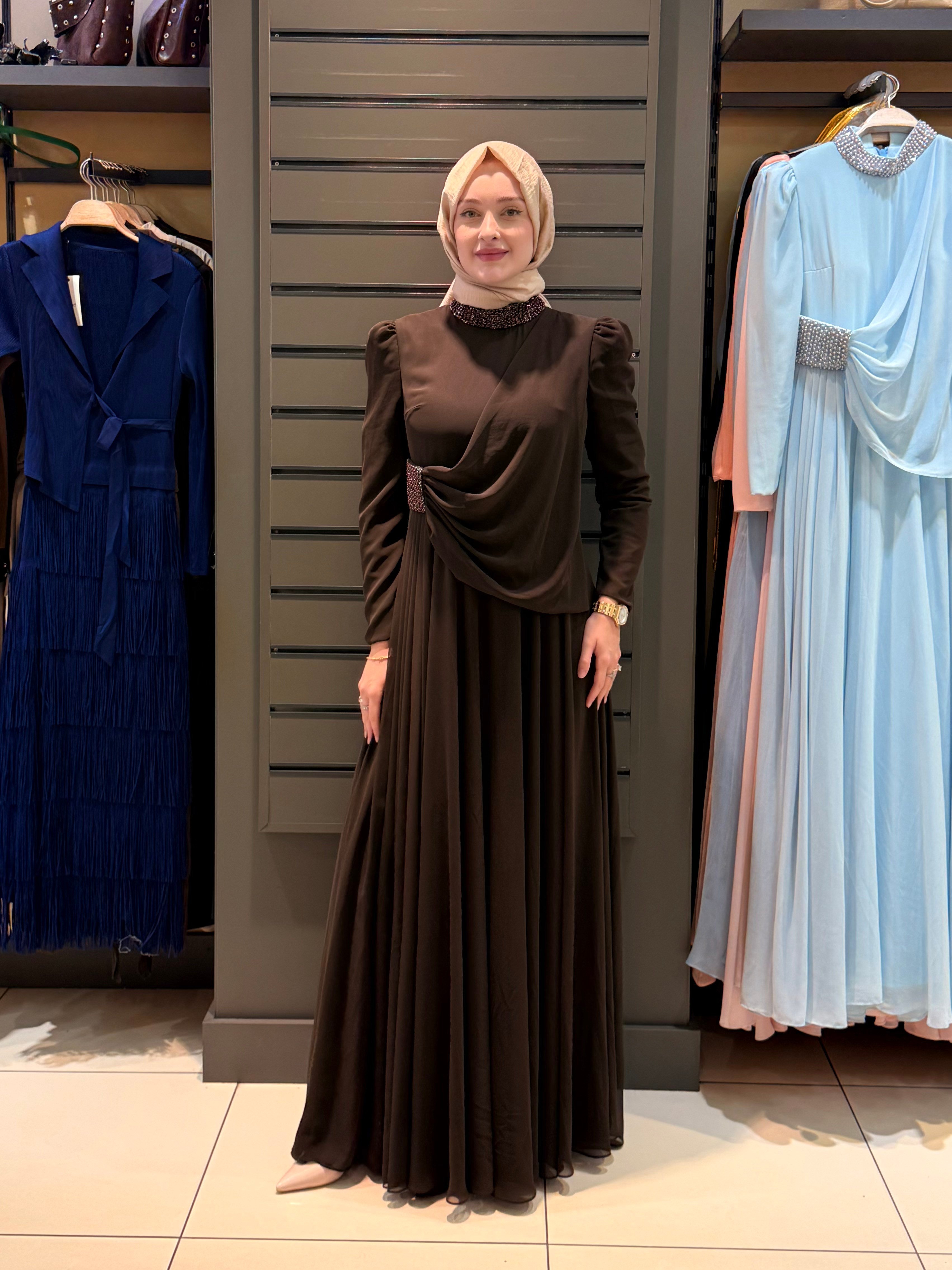 BELİ BONCUKLU ABİYE KAHVE