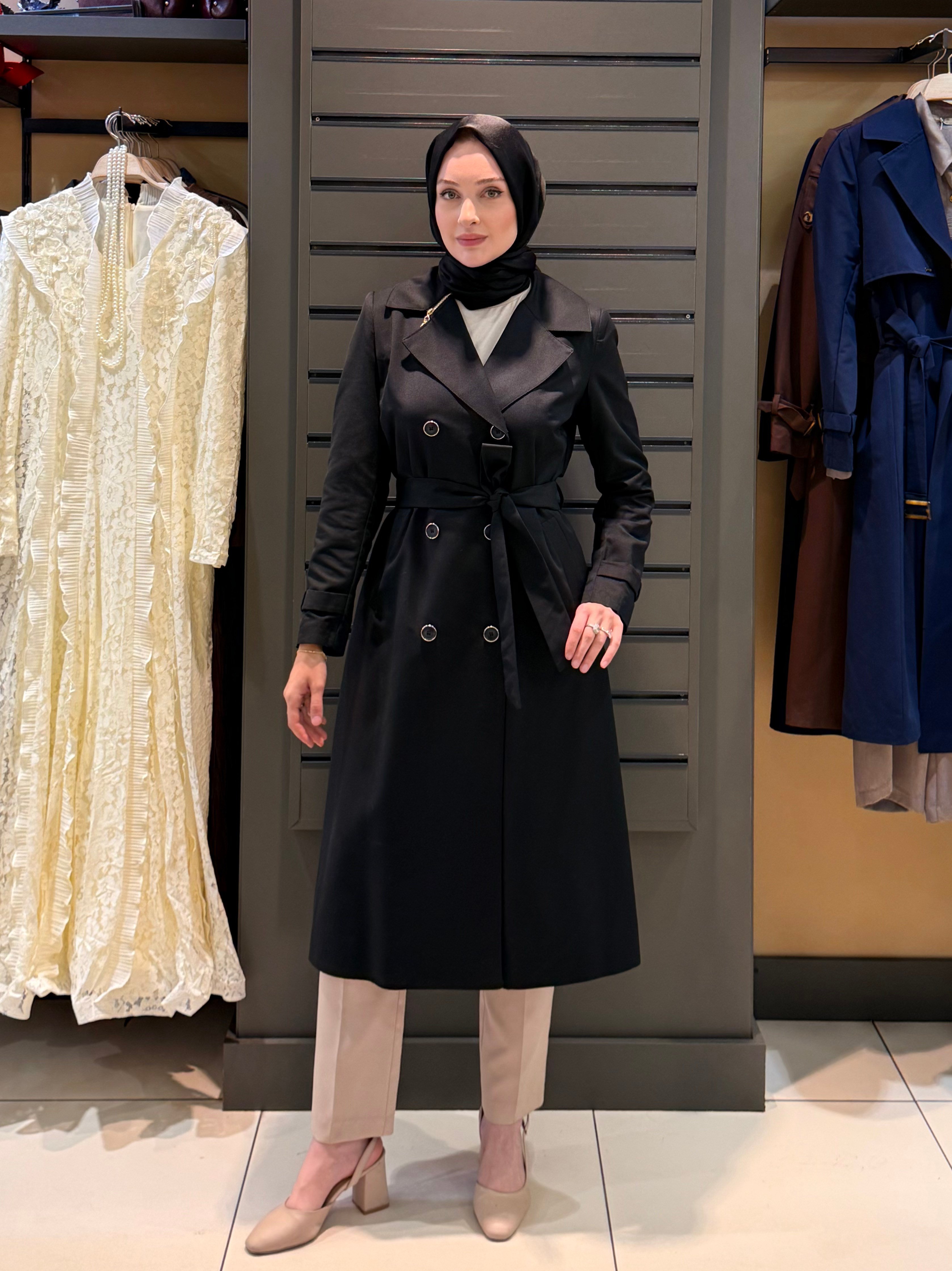 OMZU FERMUARLI TRENCH SİYAH