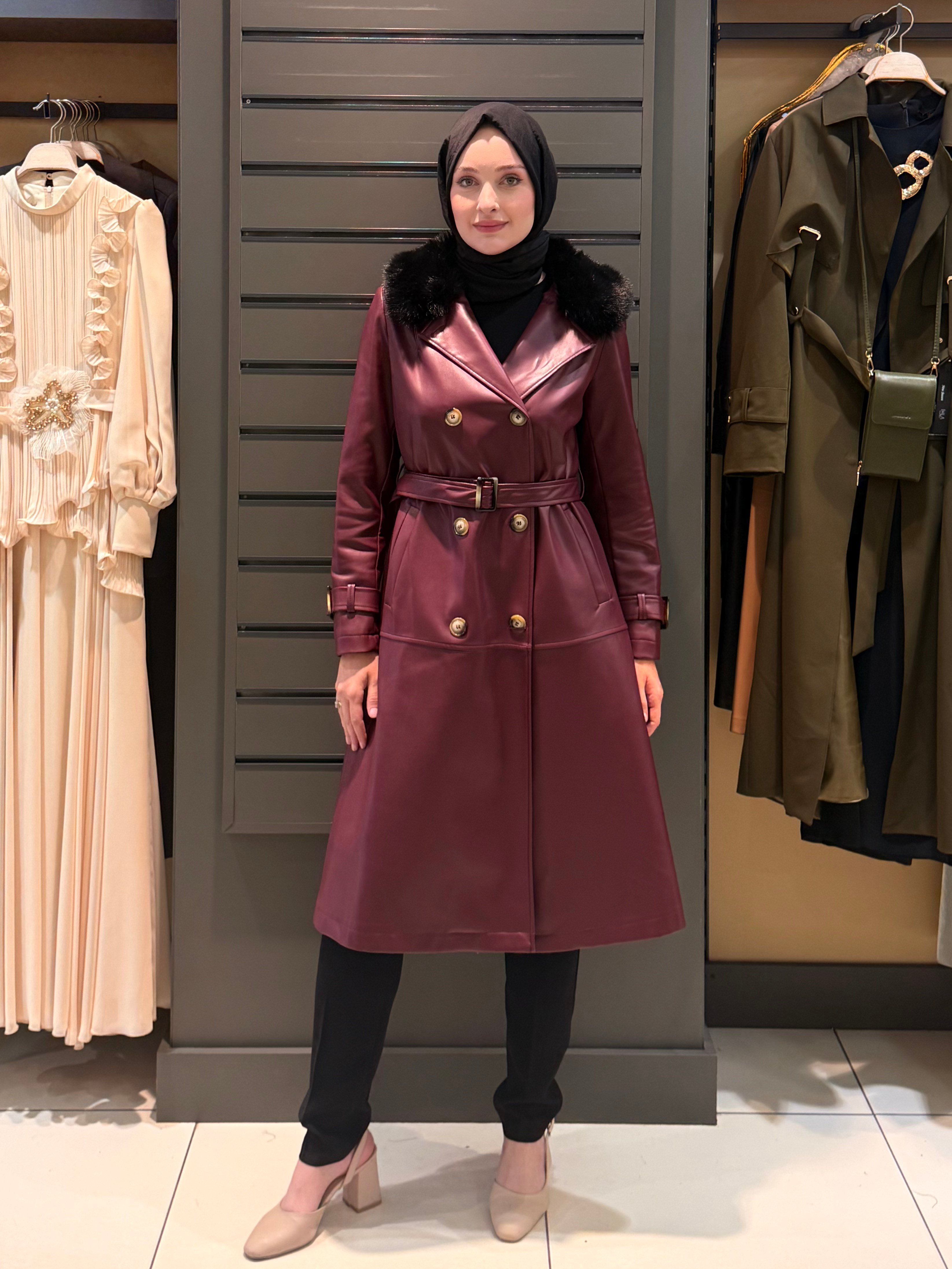 KÜRK YAKA DERİ KABAN BORDO