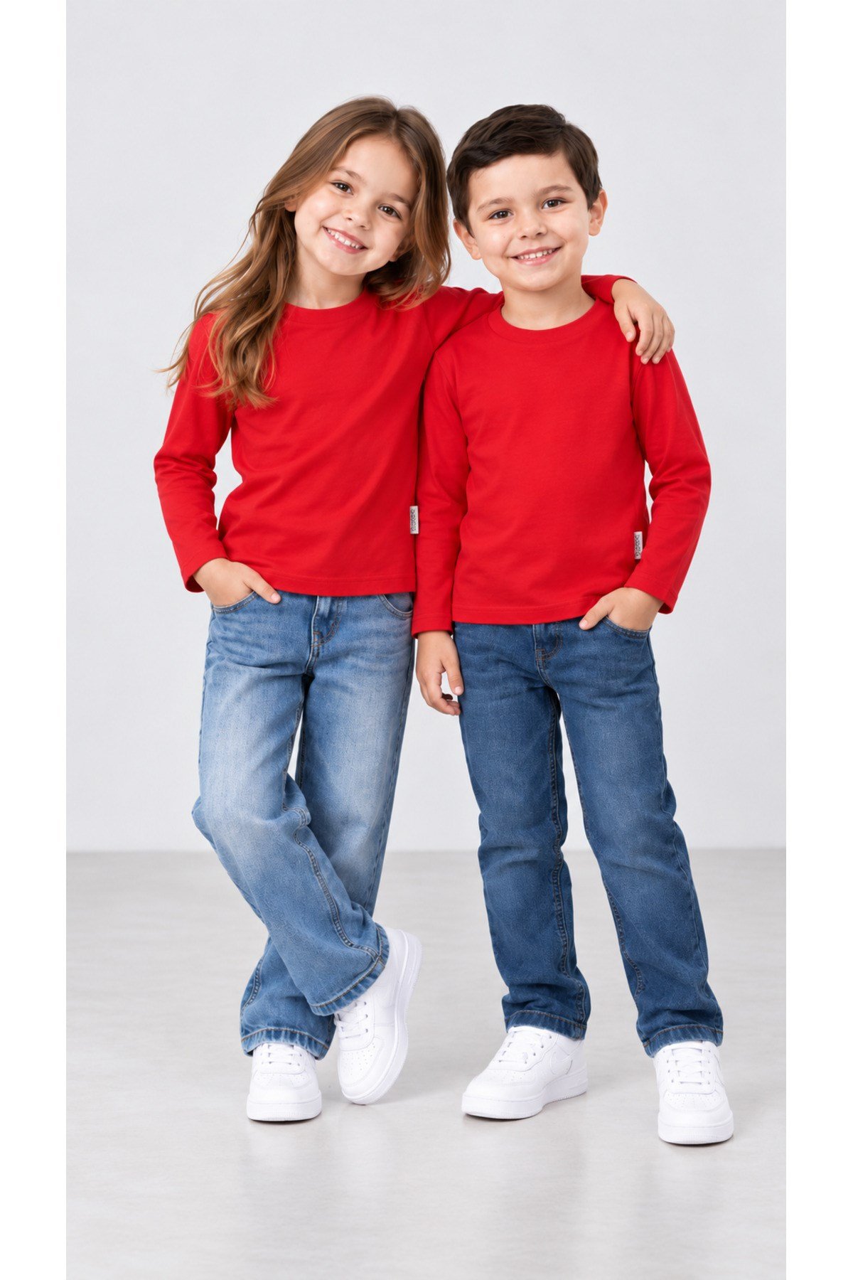 %100 Pamuk Unisex Çocuk Bisiklet Yaka Uzun Kollu Basic Badi 2-10 Yaş