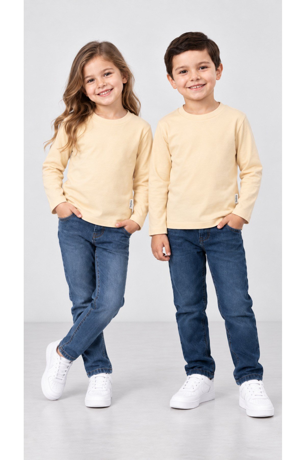 %100 Pamuk Unisex Çocuk Bisiklet Yaka Uzun Kollu Basic Badi 2-10 Yaş