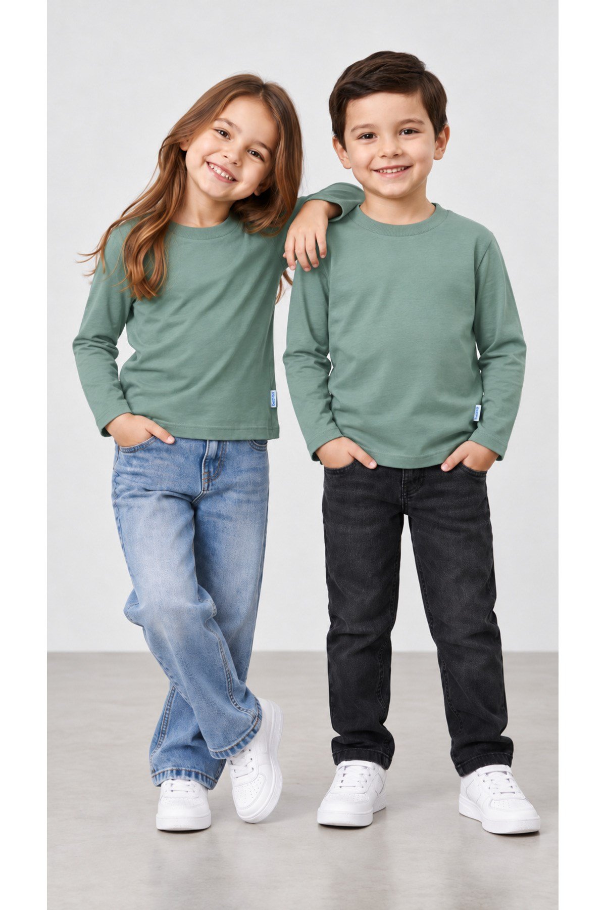 %100 Pamuk Unisex Çocuk Bisiklet Yaka Uzun Kollu Basic Badi 2-10 Yaş