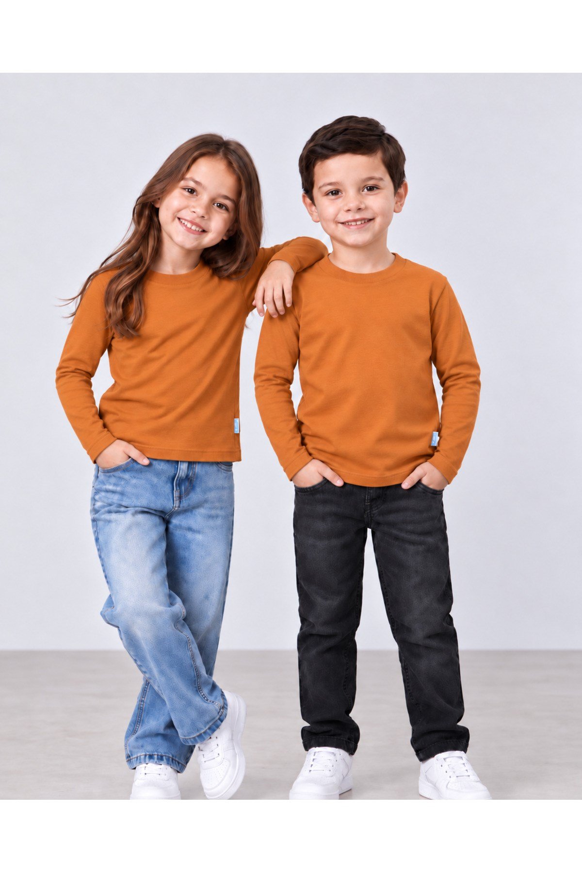 %100 Pamuk Unisex Çocuk Bisiklet Yaka Uzun Kollu Basic Badi 2-10 Yaş