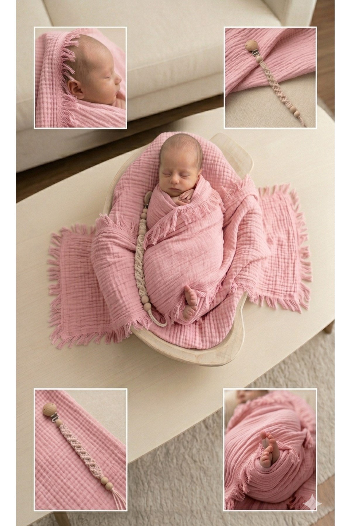 Bebek- Çocuk %100 Pamuk Yumuşak 4 Katlı Püsküllü Müslin Bebek Battaniye 100X120