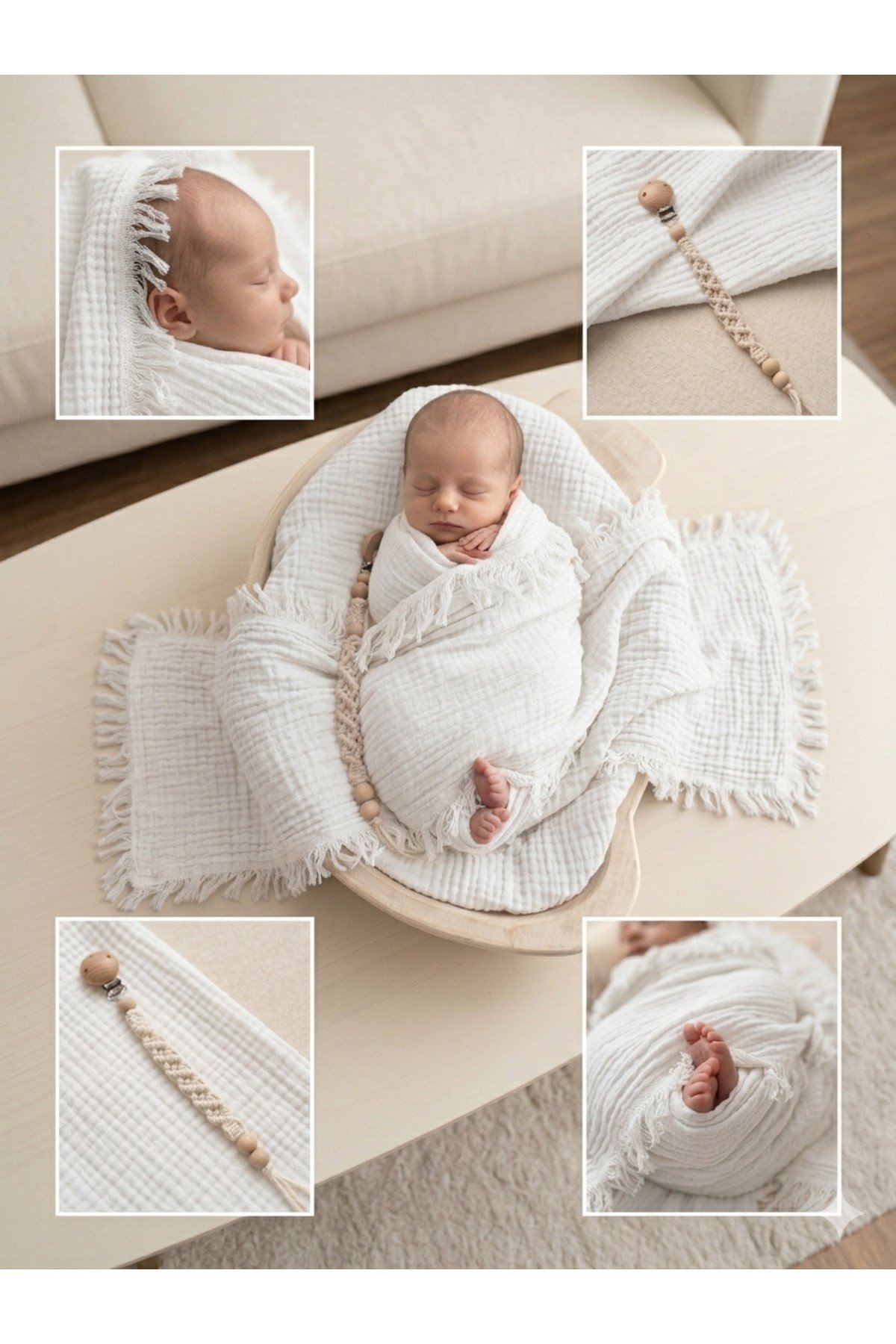 Bebek- Çocuk %100 Pamuk Yumuşak 4 Katlı Püsküllü Müslin Bebek Battaniye 100X120