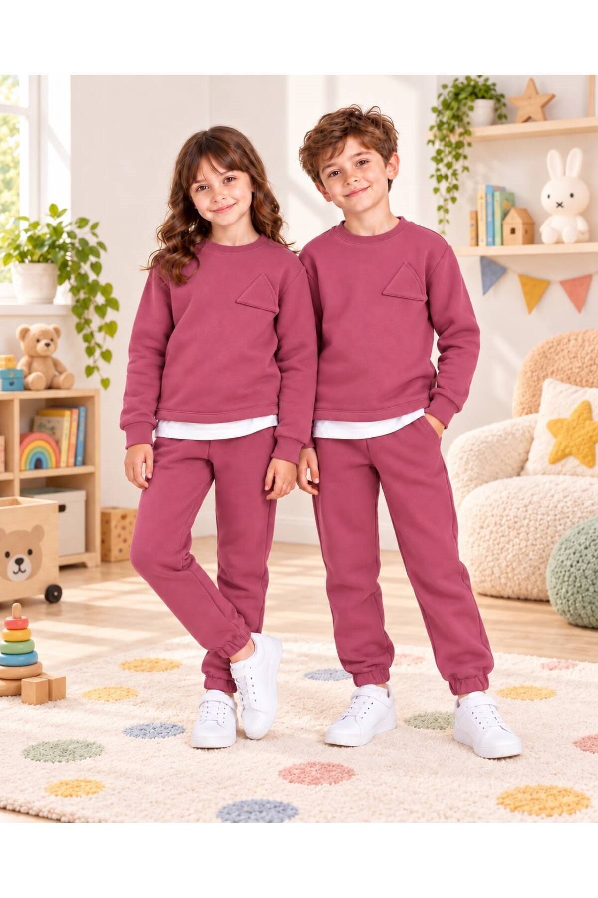 Çocuk & Bebek Unisex Bisiklet Yaka Şardonlu Kışlık Sweatshırt Kreş Eşofman Takımı 3-8 YAŞ