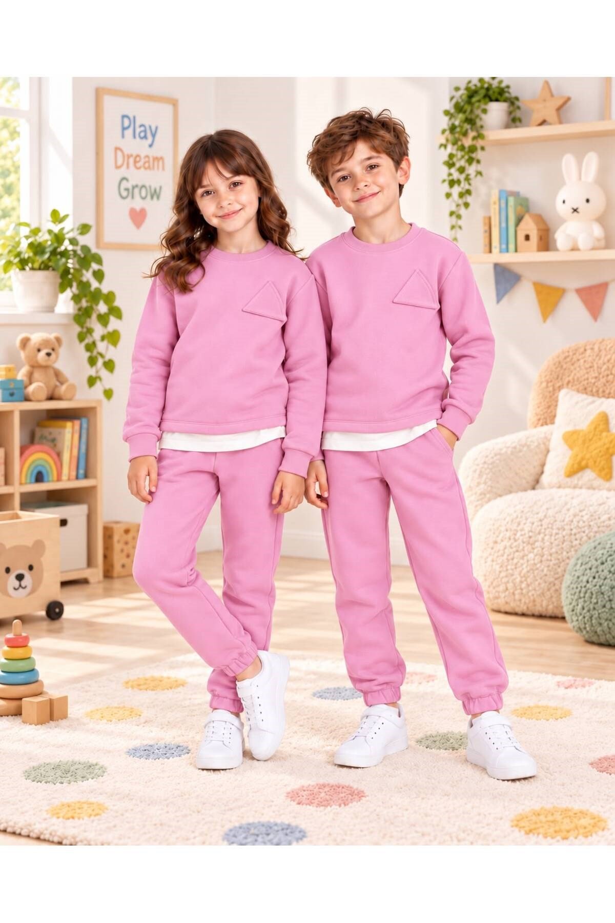 Çocuk & Bebek Unisex Bisiklet Yaka Şardonlu Kışlık Sweatshırt Kreş Eşofman Takımı 3-8 YAŞ