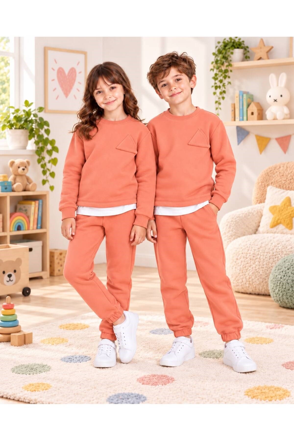 Çocuk & Bebek Unisex Bisiklet Yaka Şardonlu Kışlık Sweatshırt Kreş Eşofman Takımı 3-8 YAŞ