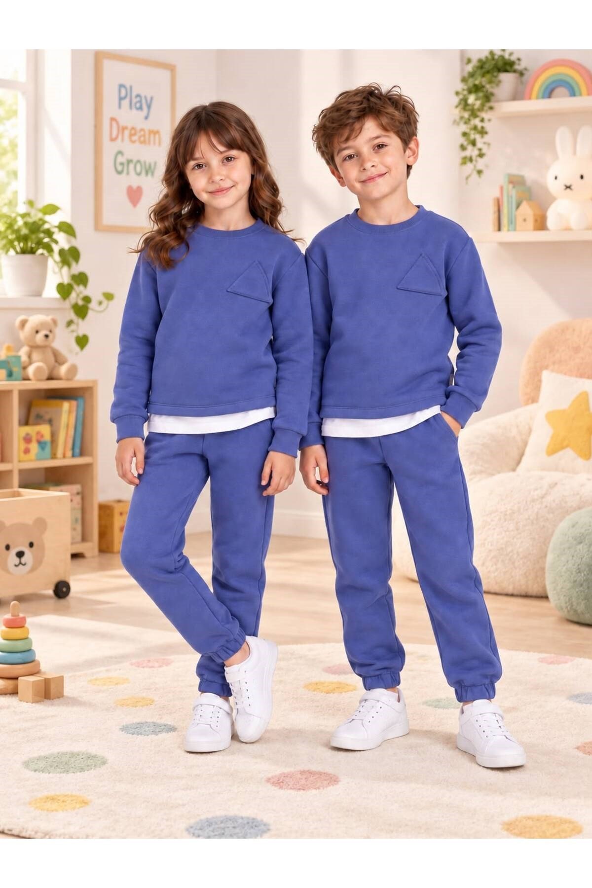 Çocuk & Bebek Unisex Bisiklet Yaka Şardonlu Kışlık Sweatshırt Kreş Eşofman Takımı 3-8 YAŞ