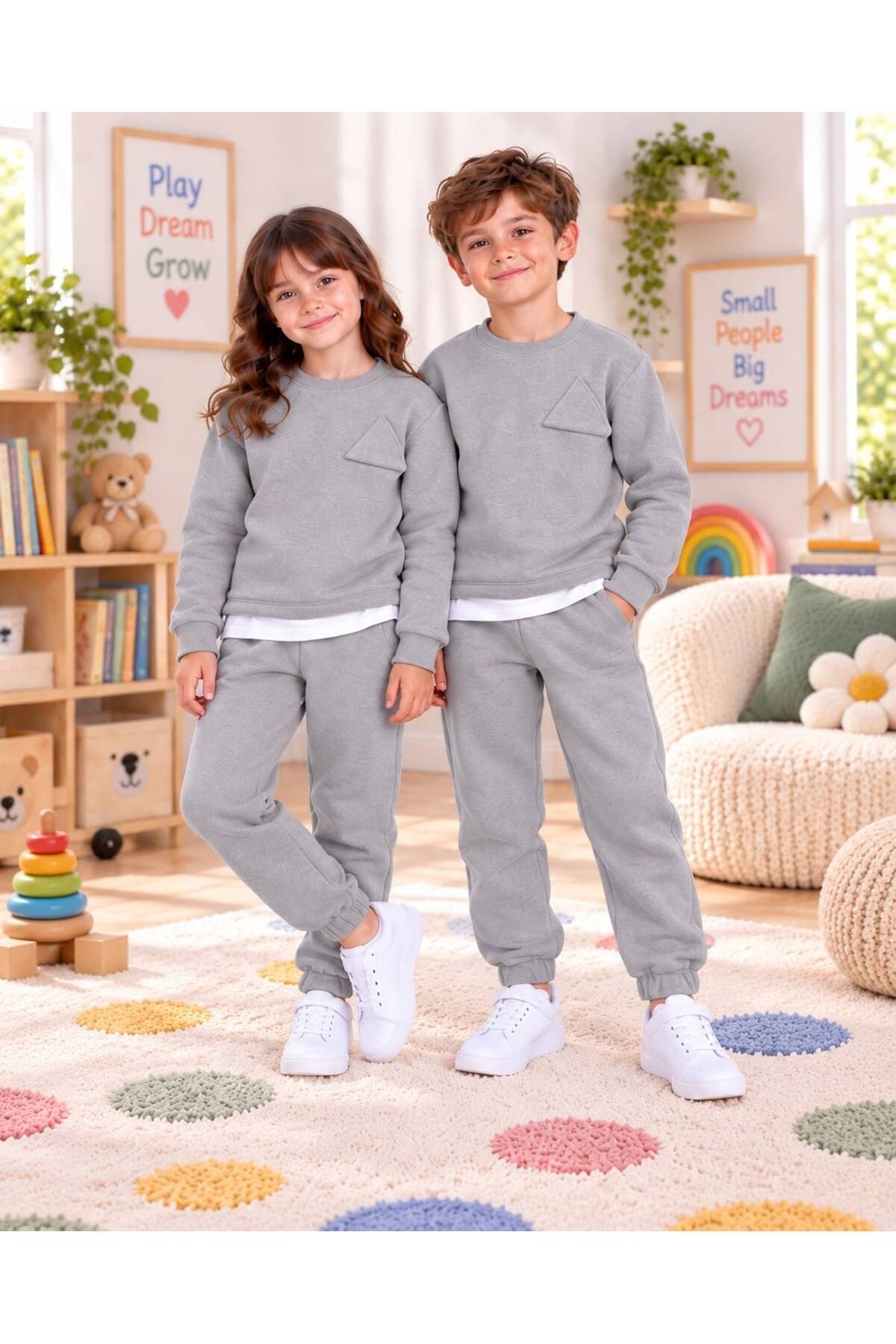 Çocuk & Bebek Unisex Bisiklet Yaka Şardonlu Kışlık Sweatshırt Kreş Eşofman Takımı 3-8 YAŞ