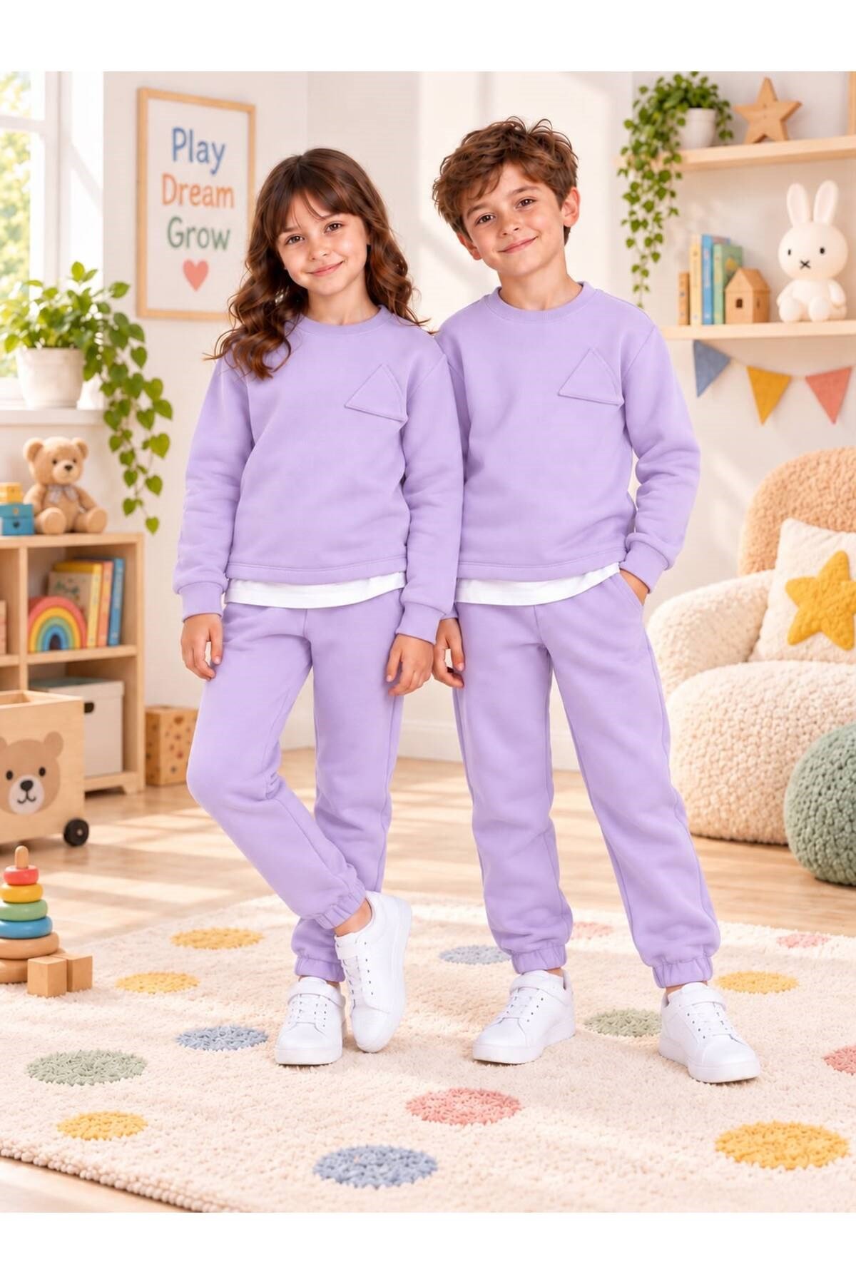 Çocuk & Bebek Unisex Bisiklet Yaka Şardonlu Kışlık Sweatshırt Kreş Eşofman Takımı 3-8 YAŞ