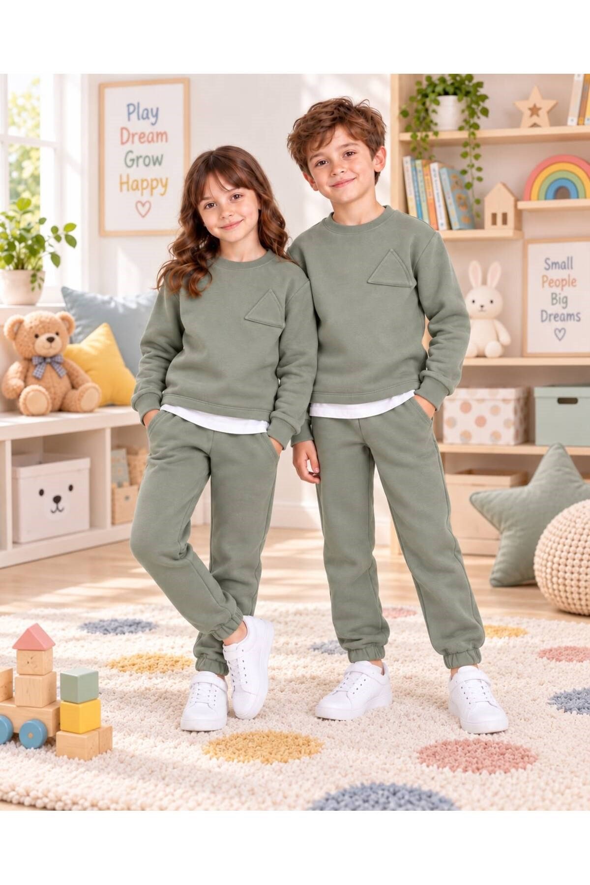 Çocuk & Bebek Unisex Bisiklet Yaka Şardonlu Kışlık Sweatshırt Kreş Eşofman Takımı 3-8 YAŞ