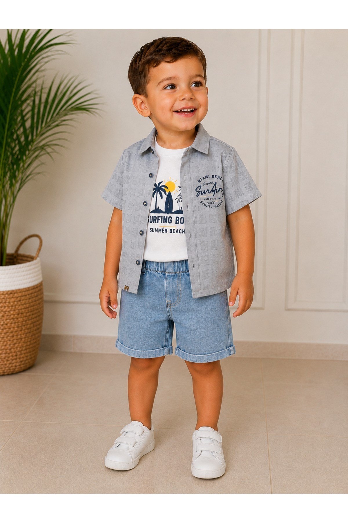 Kot Şort Gri Müslin Gömlek Beyaz Baskılı Tshirt Erkek Çocuk Bebek Yazlık 3'lü Takım 6-24 Aylık