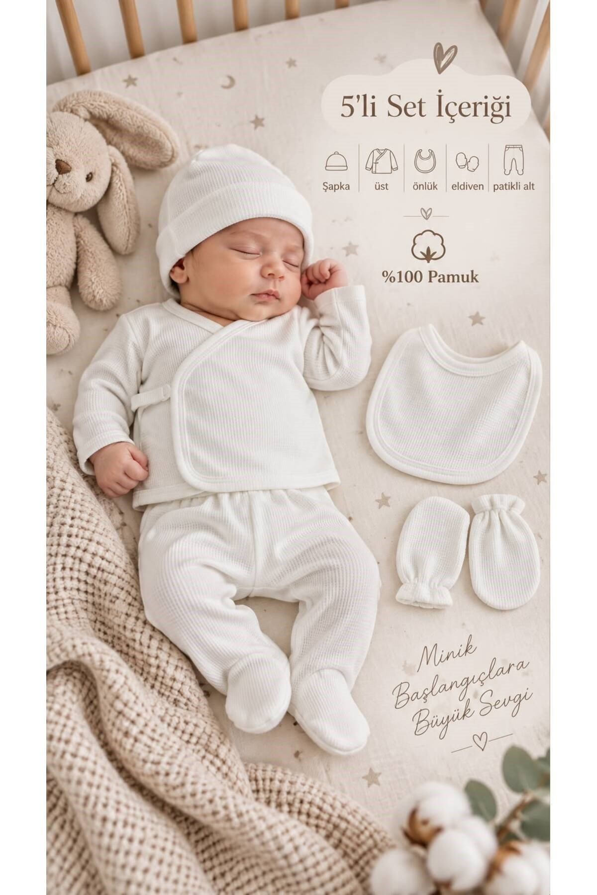 LORİO Unisex Hastane Çıkışı %100 Pamuklu Çıtçıtlı Yeni Doğan 5 Li Set