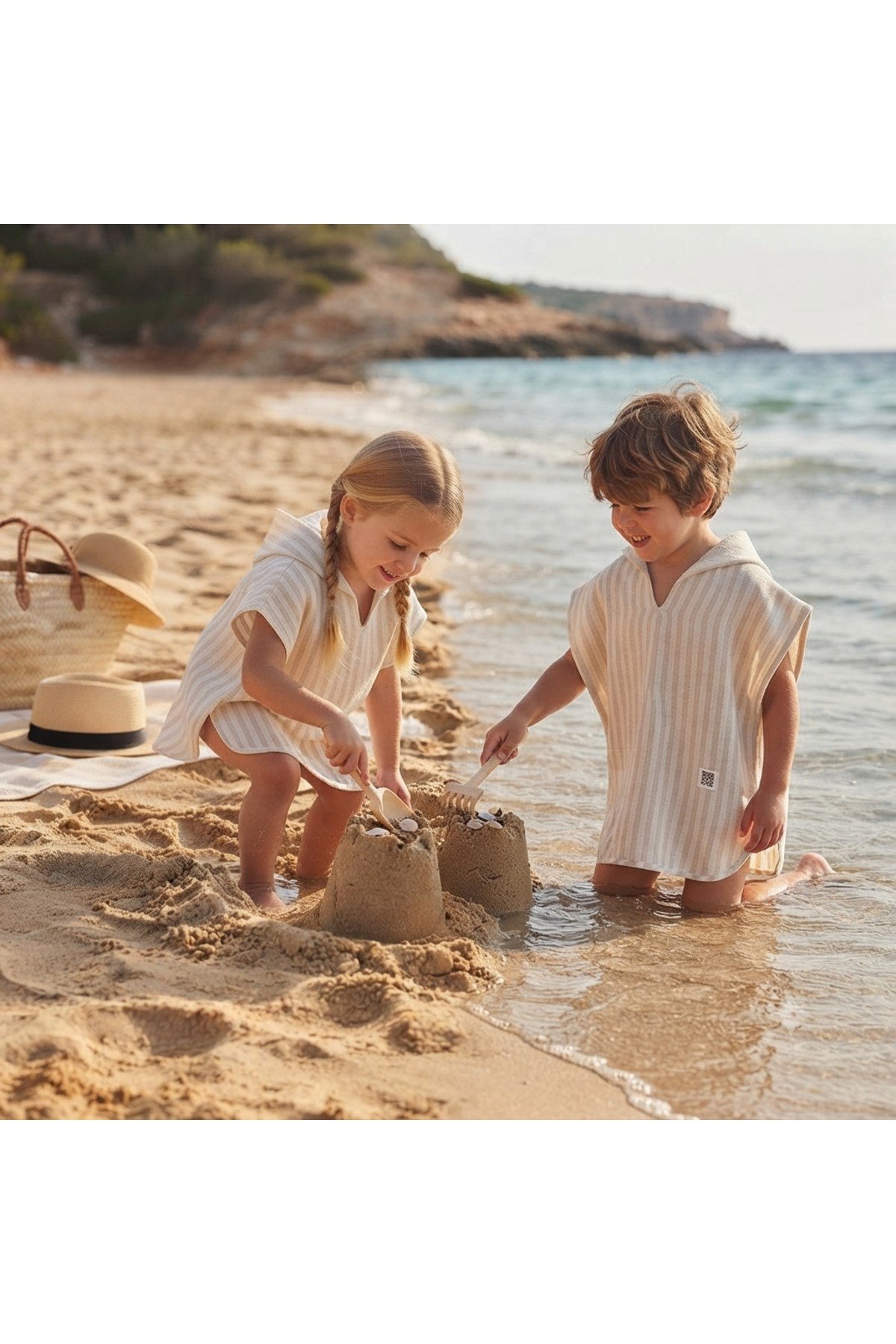 Orjinal %100 Keten Müslin Çizgili Kumaş Unisex 1-10Yaş Plaj Havlu Kapşonlu Pareo-Panço-Naturel Bej
