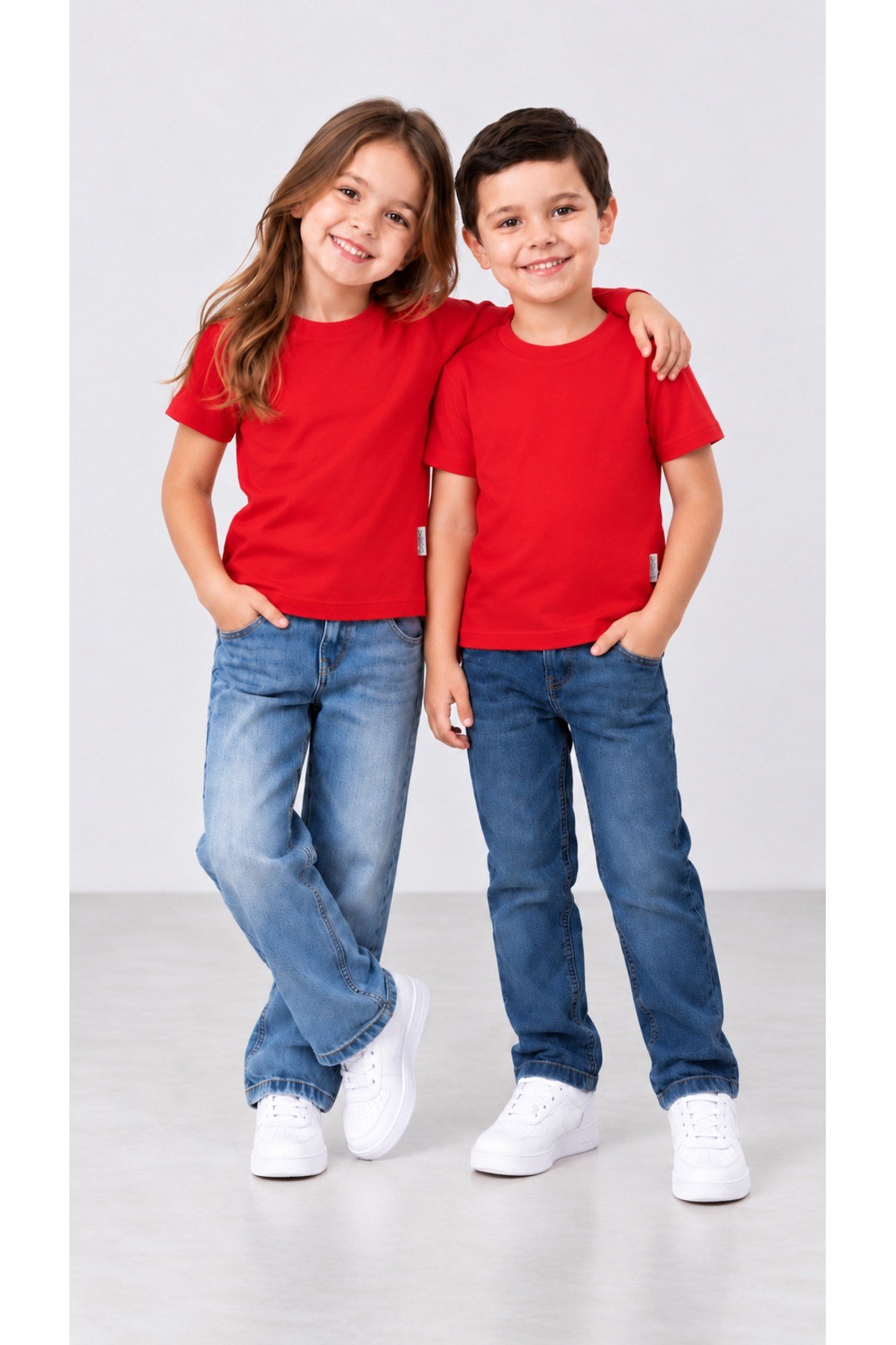 Unisex Kız Erkek Çocuk Düz Badi Kısa Kol Bisiklet Yaka Kırmızı Tişört 2-10 Yaş