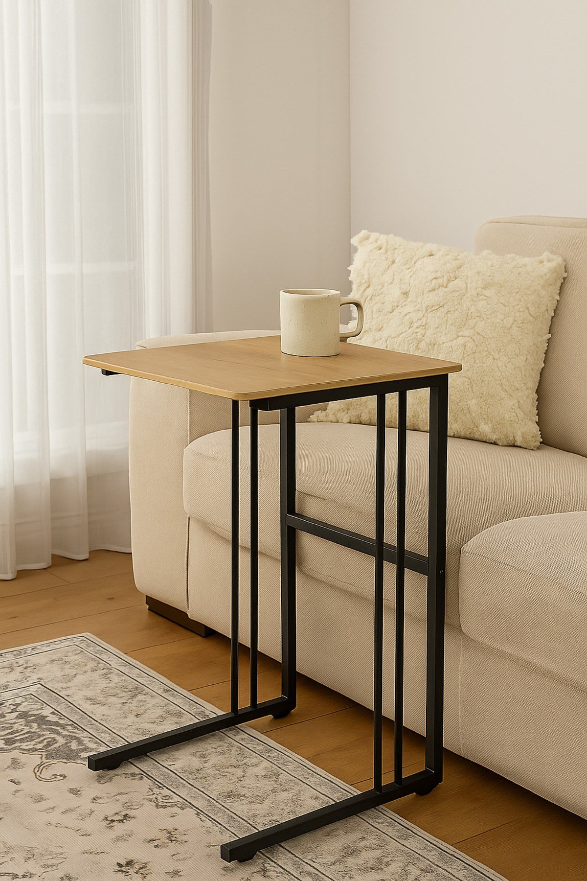 30x50cm C Sehpa Ceviz-Siyah – Metal Ayaklı, MDF Üst Tablalı, Modern Yan Sehpa | 6 Renk Seçeneği