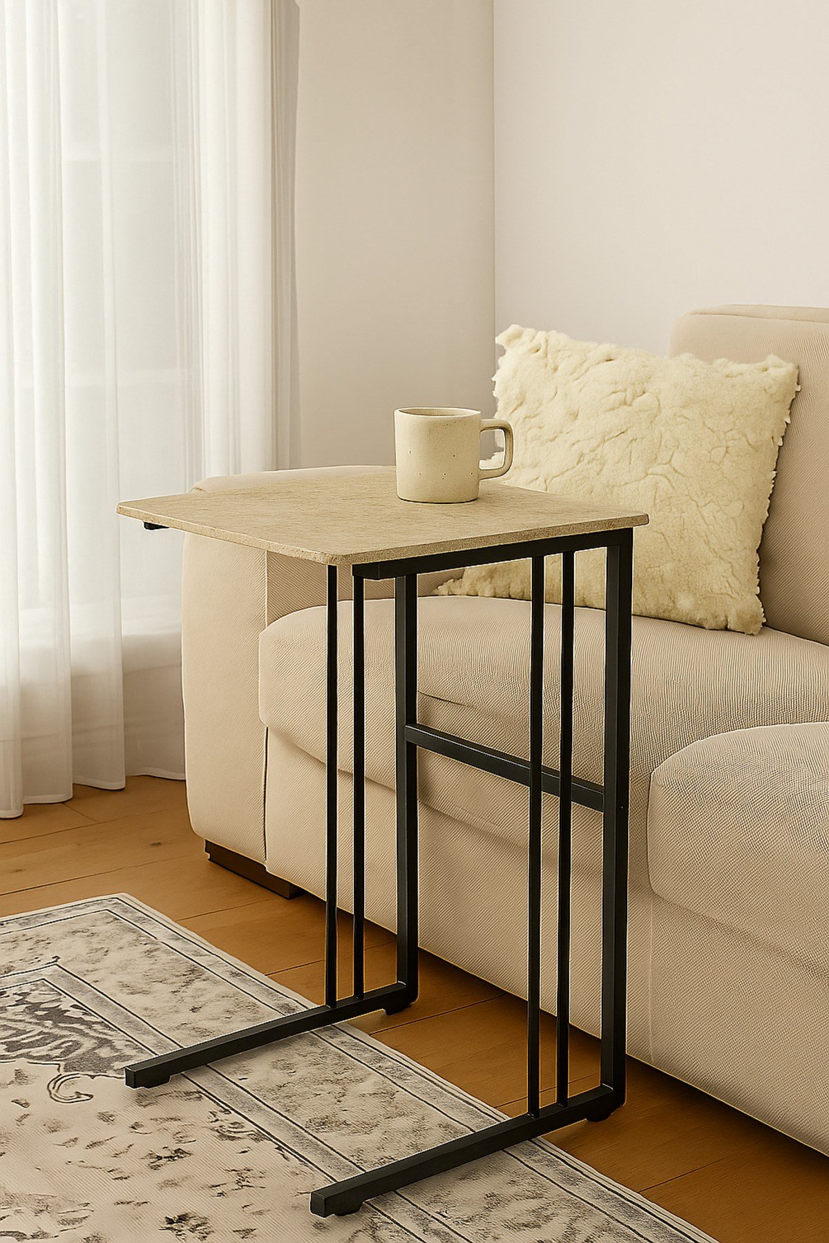 30x50cm C Sehpa Traverten-Siyah– Metal Ayaklı, MDF Üst Tablalı, Modern Yan Sehpa | 6 Renk Seçeneği