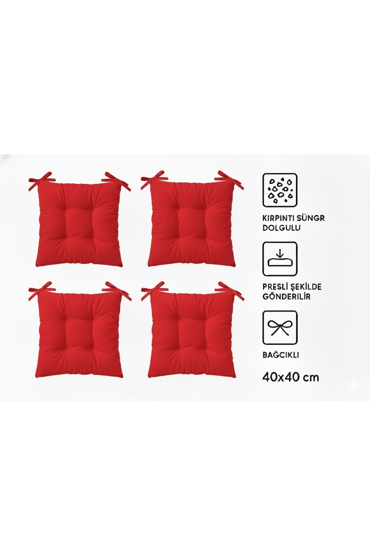 4'lü Kombin Pofidik Kare Sandalye Minderi 40 x 40 cm Kırmızı