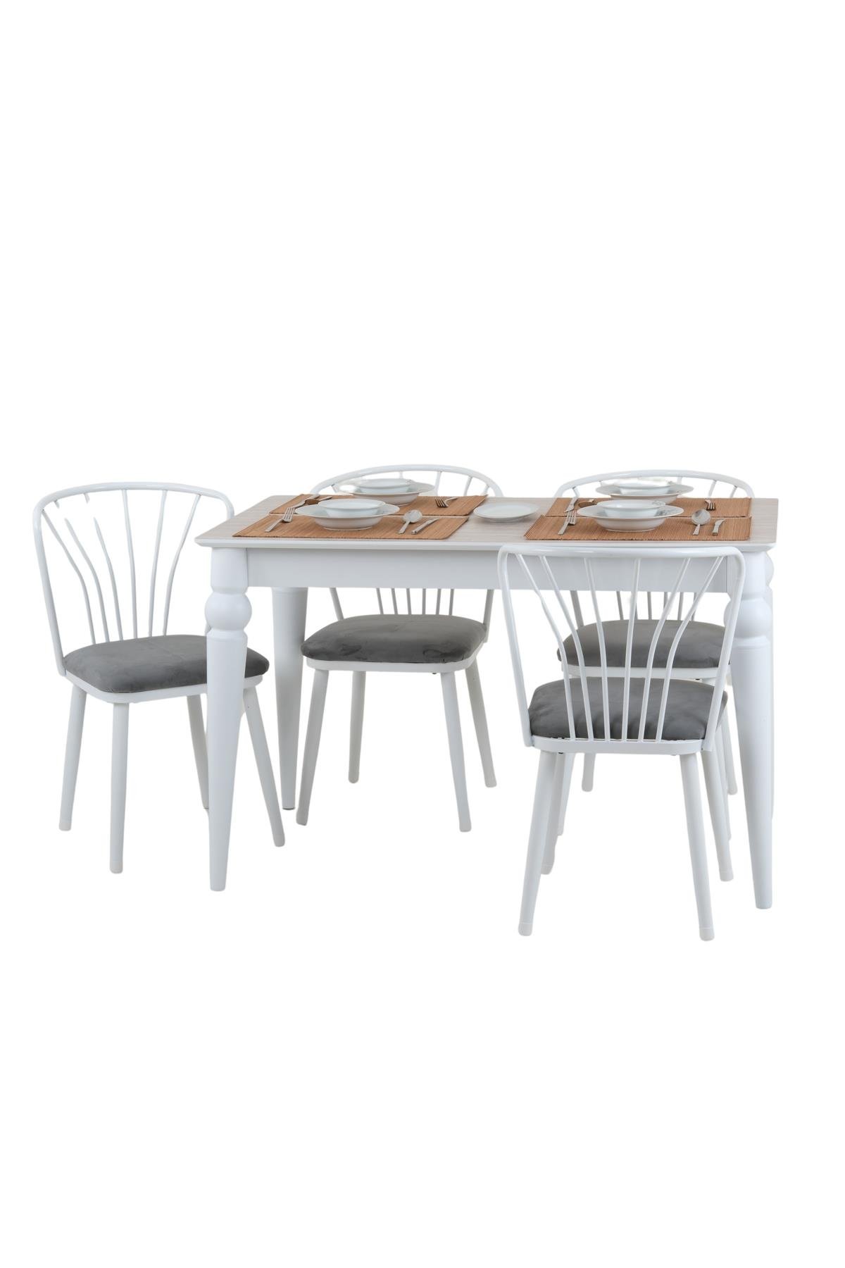 70x120 Mutfak Masası Takımı 1 Masa + 4 Sandalye Metal İstkelet Sultan Model-Ceviz/Beyaz