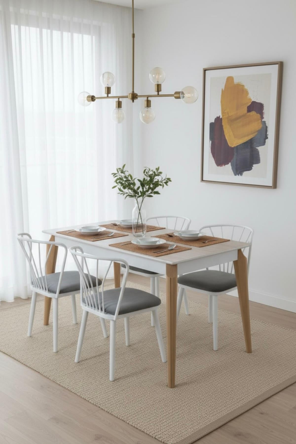 70x120 Mutfak Masası Takımı 1 Masa + 4 Sandalye Metal İstkelet Atlas Model-Ceviz/Beyaz