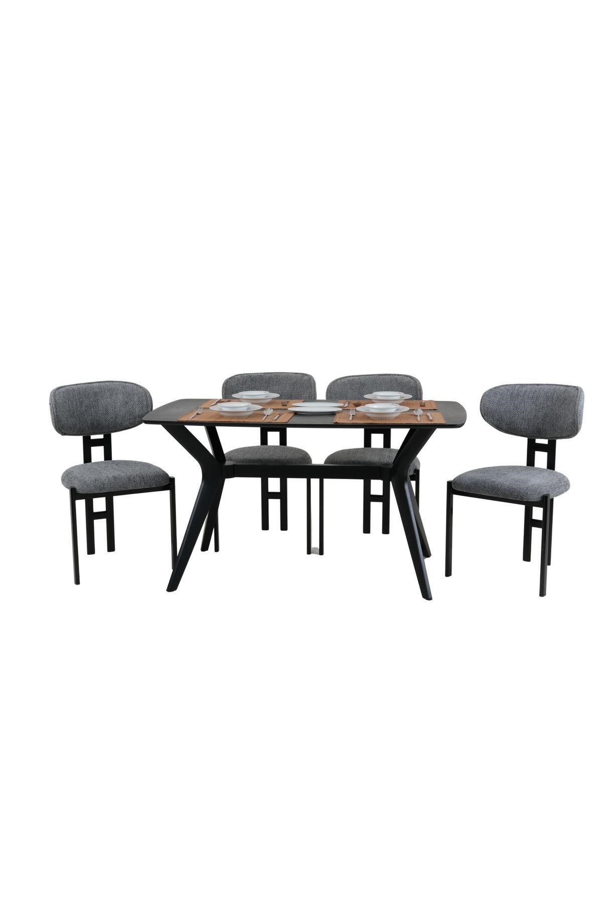 80x120 Mutfak Masası Takımı 1 Masa + 4 Sandalye Salon Masası Viktoria Model-Ceviz/Siyah