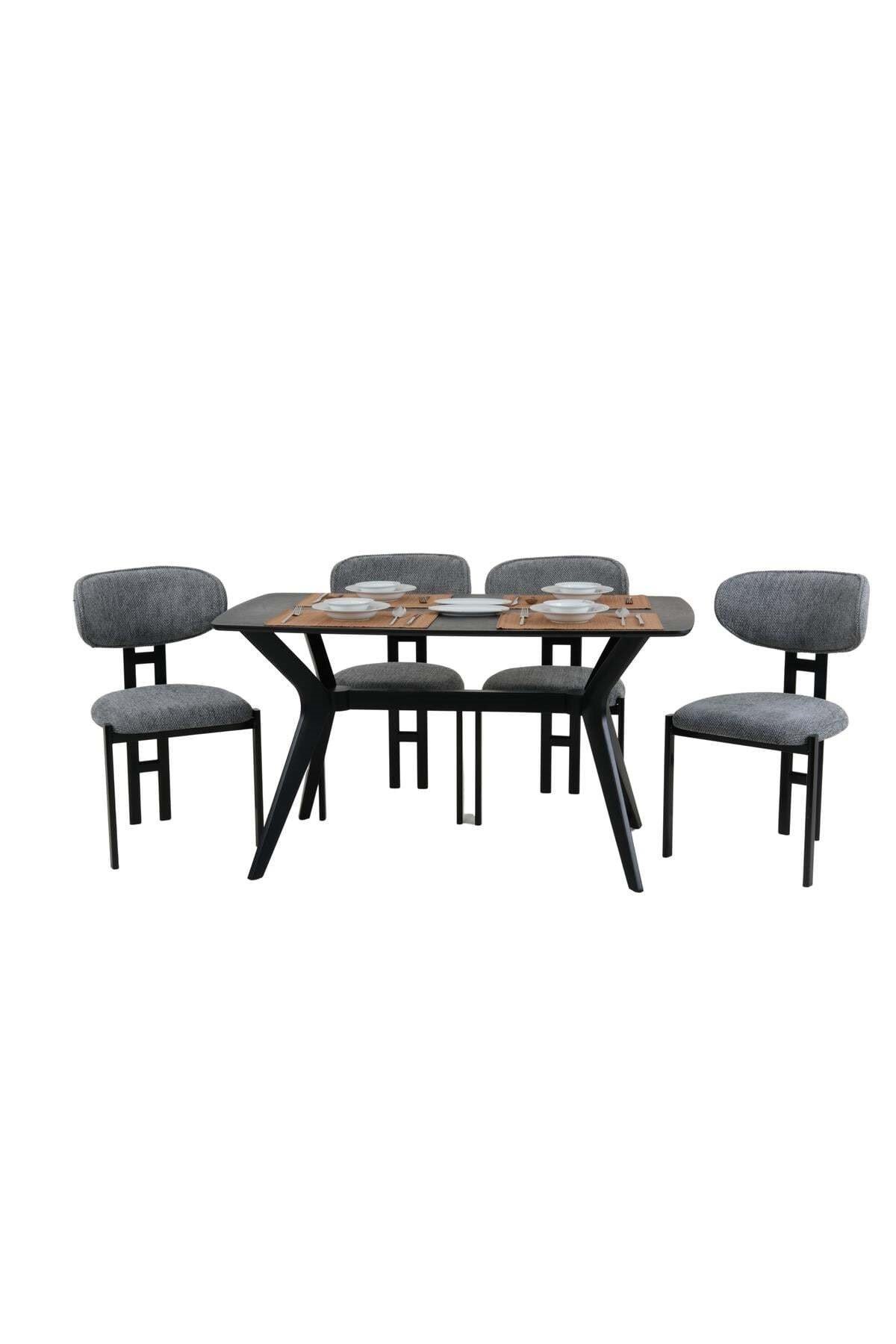 80x140 Mutfak Masası Takımı 1 Masa + 4 Sandalye Salon Masası Viktoria Model-Siyah/Ceviz Masa