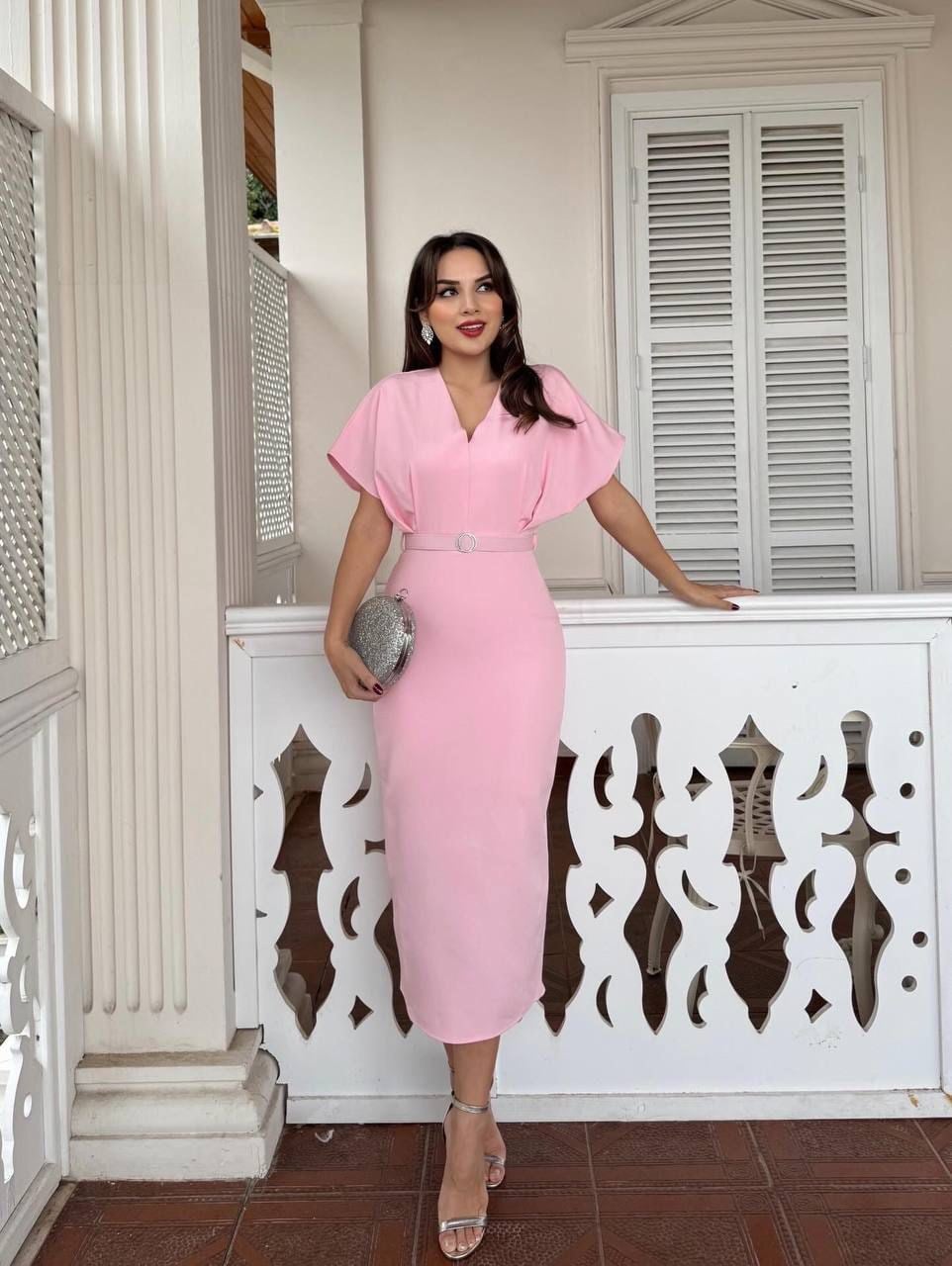 ELARA – Kemer Detaylı Midi Elbise - Pembe
