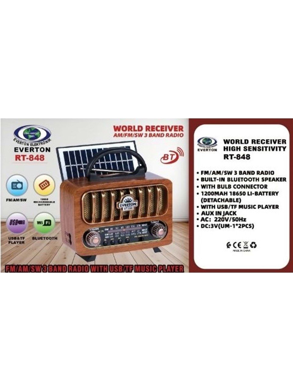 Everton RT-848 Nostaljik Görünümlü USB Sd Aux Bluetooth Destekli Solar Panelli Şarjlı + Pilli Radyo
