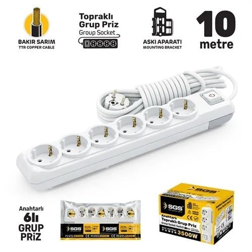 GRUP PRİZ TOPRAKLI ANAHTARLI ALTILI 10 METRE