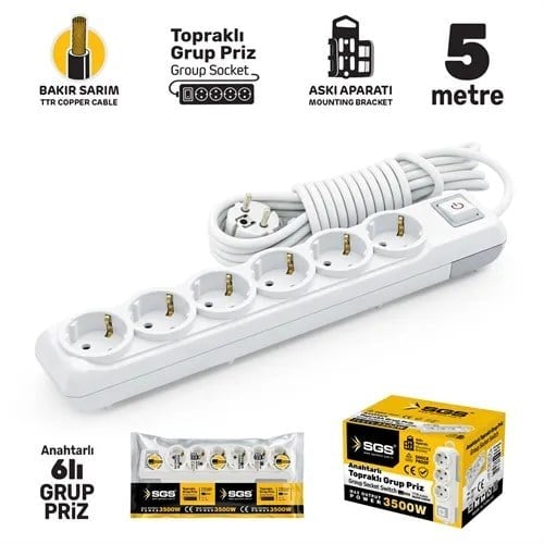 GRUP PRİZ TOPRAKLI ANAHTARLI ALTILI 5 METRE