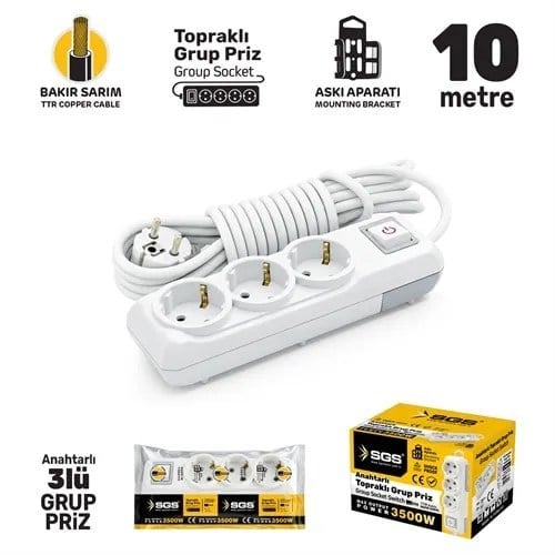 GRUP PRİZ TOPRAKLI ANAHTARLI ÜÇLÜ 10 METRE