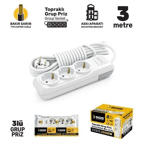 GRUP PRİZ TOPRAKLI ÜÇLÜ 3 METRE