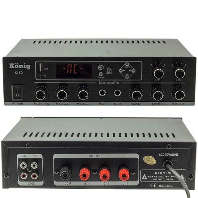 König K-80 80W USB-SD-Bluetooth Destekli 2 Bölgeli Trafolu Mixer Anfi