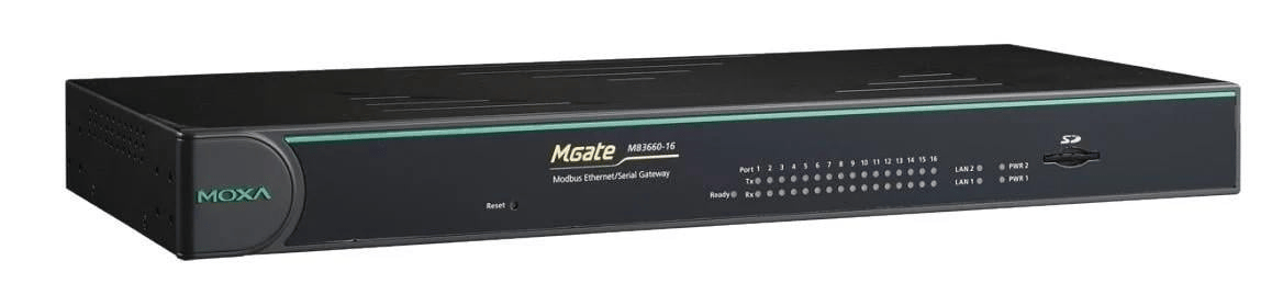 MGate MB3660-16-2DC Modbus gateway with dual LANs, dual DC power inputs, 16 RS-232/422/485