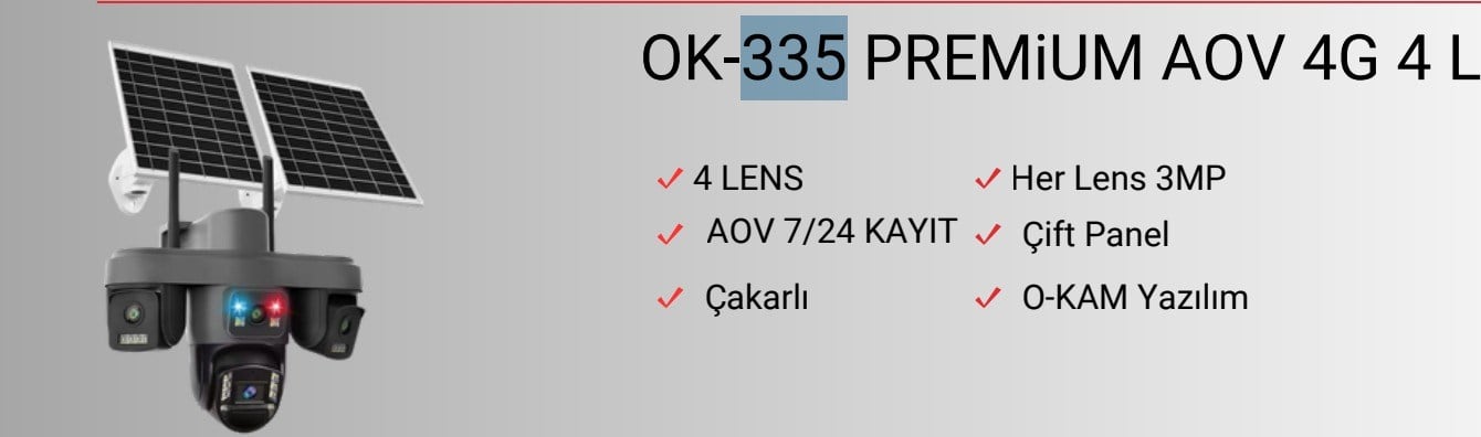 O-KAM OK-335 Premium 4 Kameralı 12mp 4G Sim Kartlı Solar Çift Güneş Panelli Güvenlik Kamerası