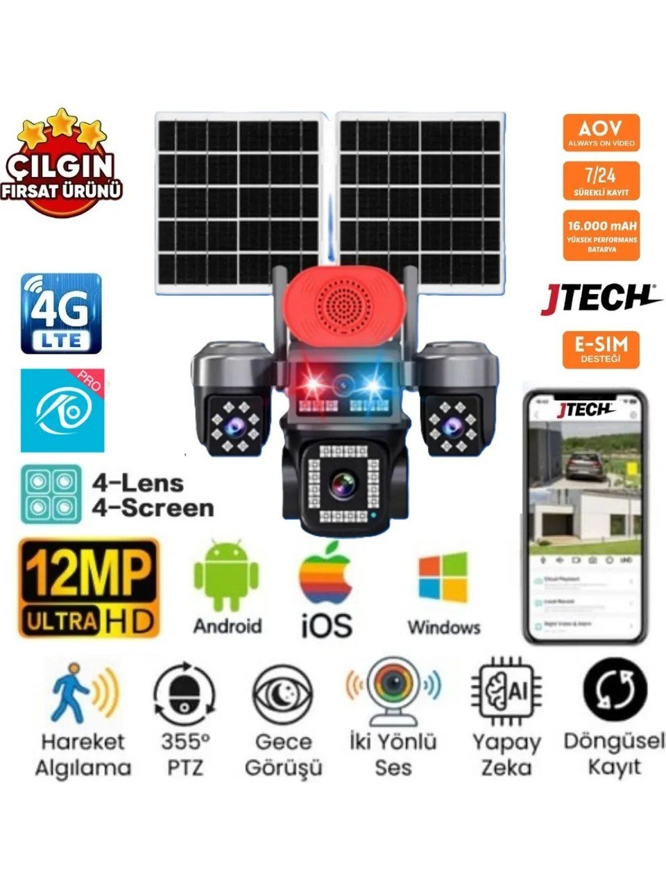 O-Kam OK-337 4 Lens 4G AOV Sirenli Çakarlı Çift Panel Solar Kamera