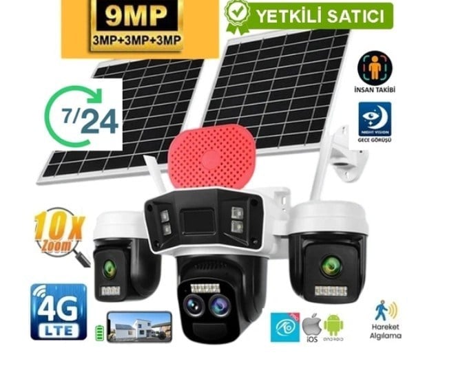 O-KAM Pro 4075 9MP 3 Lens 4G 10X Zoom Sirenli Çakarlı Çift Panel Ptz Kamera